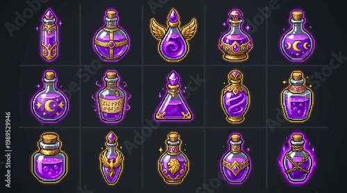 A diverse set of captivating 8-bit pixel art game element vector illustrations, showcasing various magical purple potion bottles for fantasy game assets