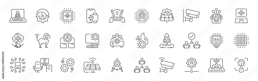 Fototapeta premium Technology innovation outline icon set: editable stroke, thin line style