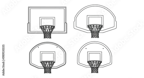 Four distinct vector graphic illustrations showcasing various basketball backboard and hoop designs in outline style.