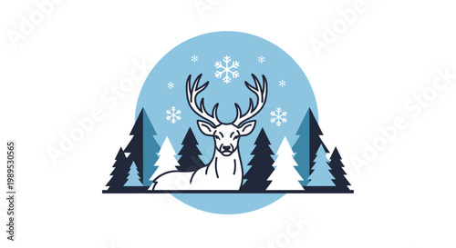 A majestic white deer stands before a winter forest scene