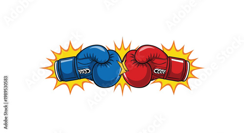 Blue and red boxing gloves colliding in a powerful vector graphic illustration of competitive sports action
