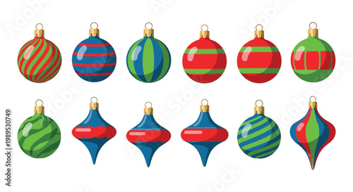 Colorful vector illustration of assorted Christmas tree ornaments with festive patterns and designs