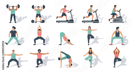 Set of 15 diverse people exercising with weights, cardio machines, and yoga poses vector