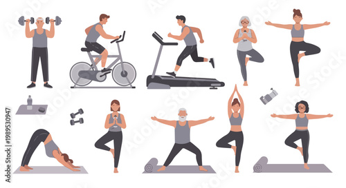 Set of 10 Diverse People Exercising and Doing Yoga Flat Illustration
