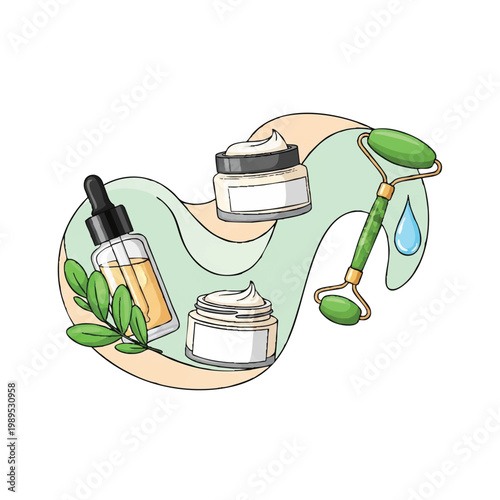 Skincare products and jade roller for beauty routine.