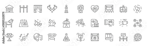 Entertainment and events outline icon set. thin line editable stroke pictograms of music, film, celebration