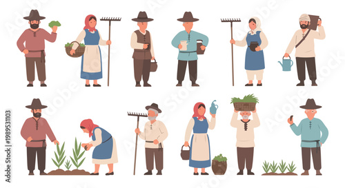 Set of 10 Flat Design Farmers and Gardeners with Tools Vector