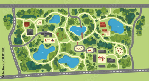 Illustrated Green City Park Map with Lakes and Paths