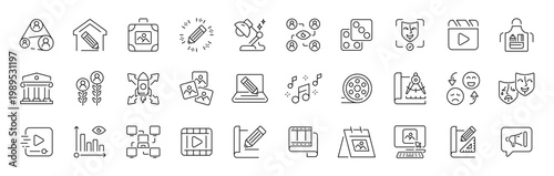 Creative arts and media outline icon set. editable stroke design in modern thin line style for art, music, performance