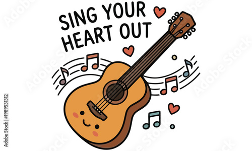 A smiling guitar sings with music notes and hearts around it in an illustration.