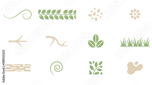 Organic botanical elements and decorative flourishes in muted earthy tones
