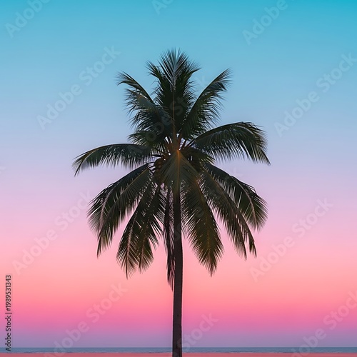 Solitary palm tree against a vibrant gradient sky and calm sea