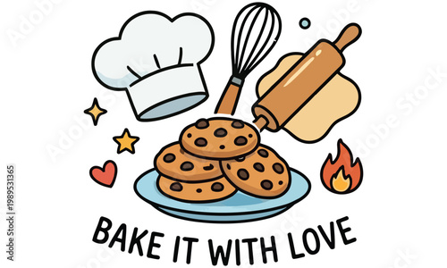 A chef prepares cookies with a whisk and rolling pin on a plate with love.