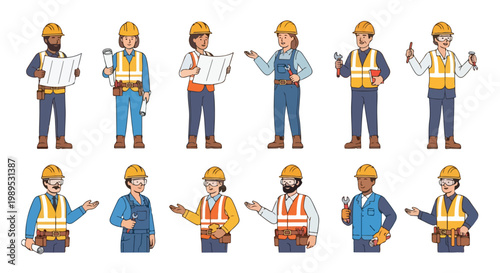 Set of 10 diverse construction workers cartoon vector