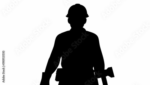 Black silhouette of a professional construction worker wearing a safety helmet and tool belt standing against a clean white background for industry concepts