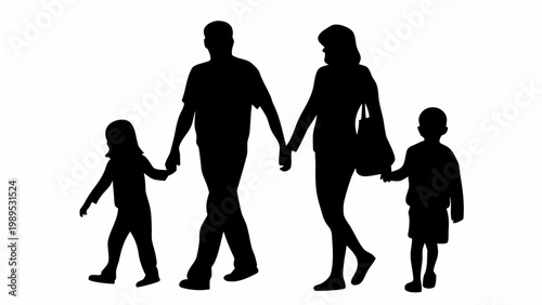 Family silhouette of parents holding hands with two children walking together as a happy group isolated on a clean white background for concept illustration design