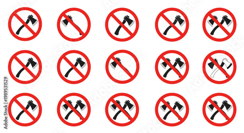 No Axe Sign Collection Vector Illustration Featuring Prohibited Hatchet Icons for Safety and Warning Labels