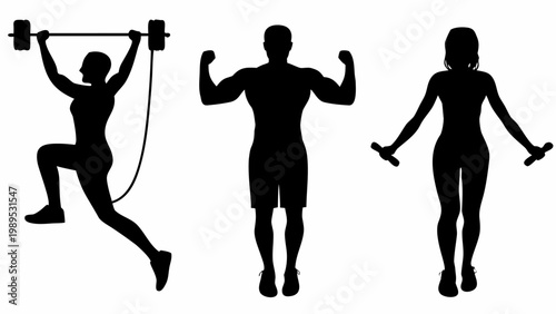 Fitness silhouettes collection featuring active people exercising with barbells and weights isolated on a white background for healthy lifestyle graphic design