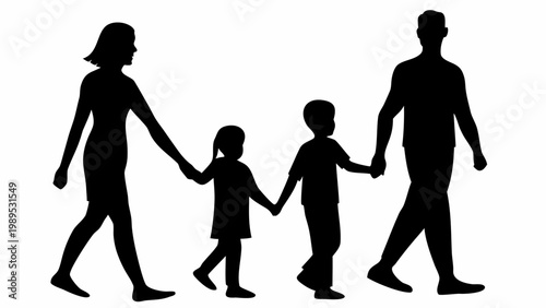 Happy family silhouette walking hand in hand featuring parents and two young children isolated on white background for concept of togetherness and love