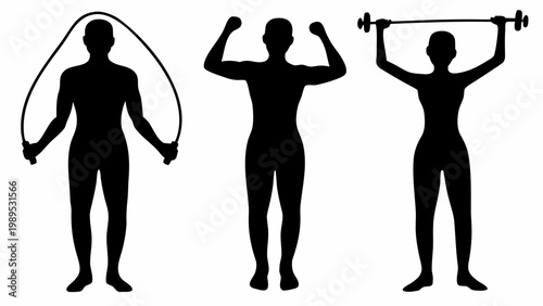Three fitness silhouettes featuring a person jumping rope flexing muscles for strength and lifting a barbell overhead against a clean white background
