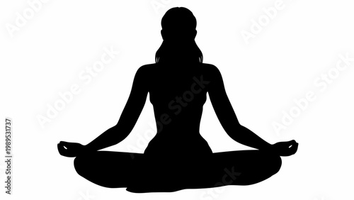 Black silhouette of a woman sitting in a lotus yoga pose against a clean white background representing mindfulness meditation wellness and inner peace balance