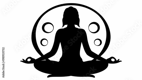 Minimalist silhouette of a woman practicing yoga in lotus pose against a geometric circular background featuring abstract rings for spiritual wellness designs