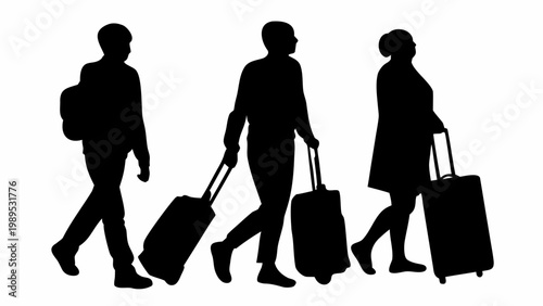 Three diverse travelers walking with rolling luggage suitcases in a terminal airport silhouette isolated on a solid white background for tourism concepts