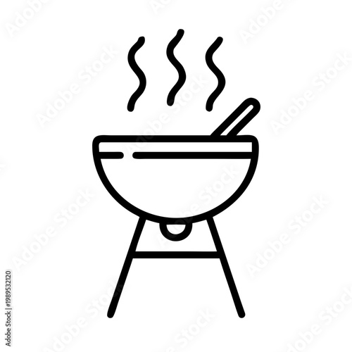 Black outline barbecue grill with smoke, cooking pot and spoon, for outdoor culinary