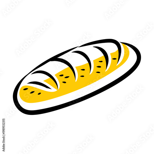 Stylized loaf of bread with yellow filling and black seeds, artisanal bakery product, cartoonish style.