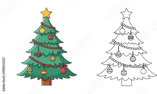 Christmas Tree Illustration with Colored Version and Line Art Outline for Coloring Page, Holiday Vector Set for Kids Activity