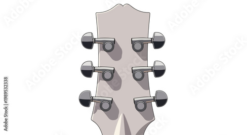 Close-up illustration of a guitar headstock with six tuning pegs on a white background, showcasing a grey wood grain texture and metallic hardware.