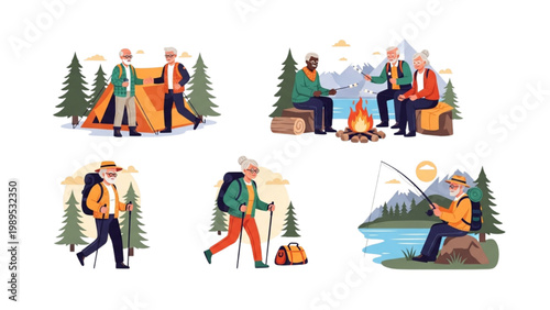 active senior lifestyle outdoor adventure camping hiking fishing retirement leisure illustration set