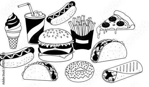 Fast Food Combo Collection with Burger, Pizza and Snacks Vector Set