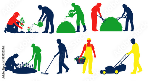 Gardening Activities Set: Planting, Watering, Mowing, Raking, Harvesting