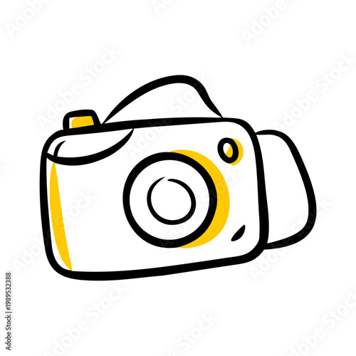 Hand drawn doodle photo camera icon with yellow accents for travel blog and creative design
