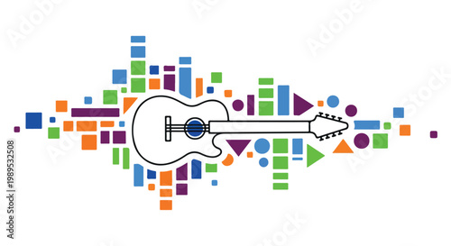 Graphic illustration of an acoustic guitar surrounded by colorful geometric shapes on a white background.