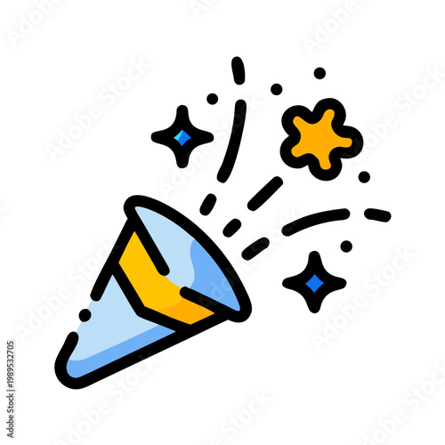 Colored party popper icon with blue and yellow stars and confetti celebrating