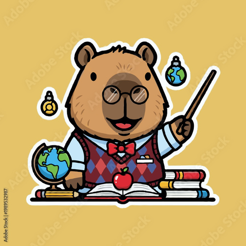 Wise Capybara Teacher and Professor Character with Magic Wand and Books in Classroom Style