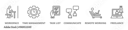 Work from home icon concept contain of workspace, time management, task list, communicate, remote working and freelance for web and illustration design.