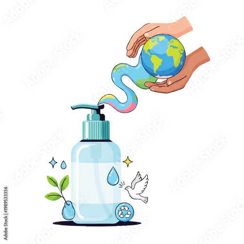 Hands holding planet earth with sanitizer bottle and dove.