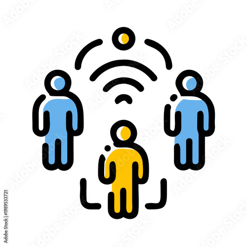 Illustration of people connected via technology and network communication signals