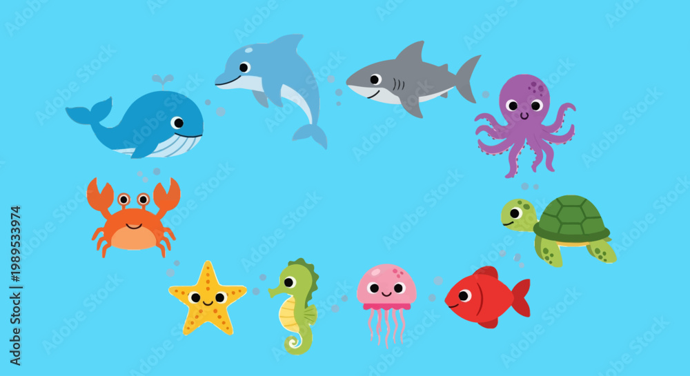 Obraz premium Cartoon illustration of various colorful sea creatures in a circular arrangement