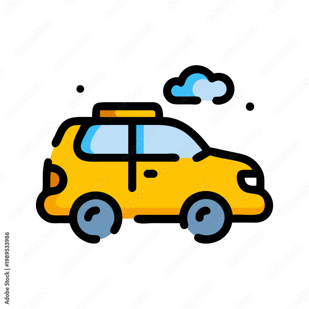 Obraz premium Colorful illustration of a vibrant yellow taxi car with light blue windows and wheels, isolated