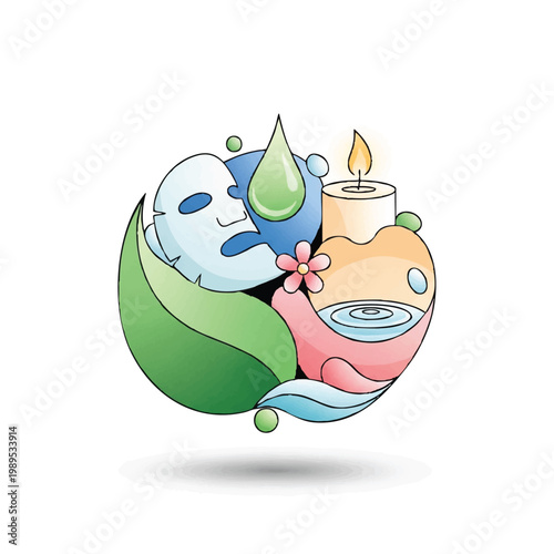 Spa and beauty treatment elements with candle and leaf.