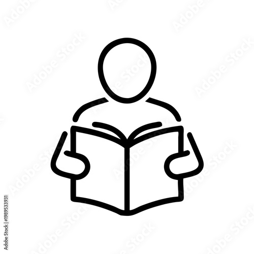 Black outline icon of person holding open book for literacy and education symbols vector