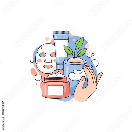 Skincare products and hand with plant and face mask.