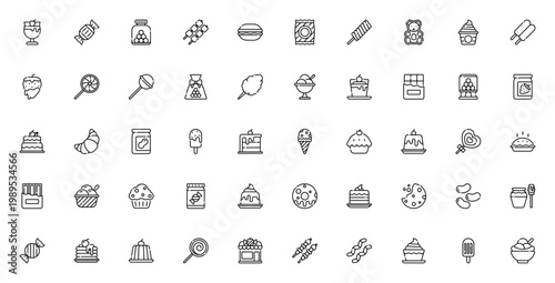 Desserts and candies icon set. Vector illustration includes pudding, candy, marshmallow, macarons, ice cream, cake, lollipop, chocolate, donuts and more.