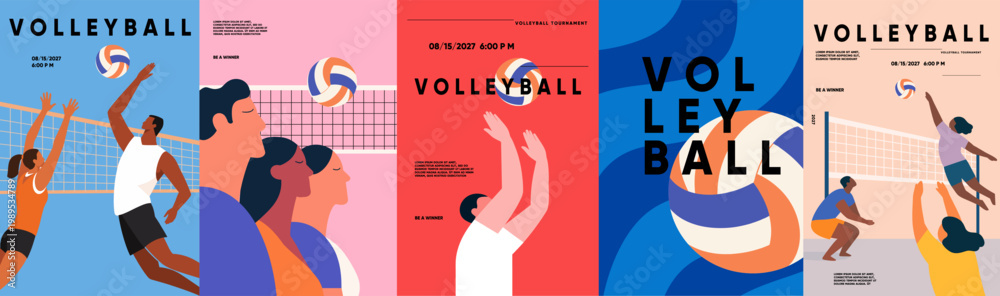 Fototapeta premium Volleyball sports tournament. Vector modern flat illustration of players, beach volleyball, ball, game and net for a poster, match promotion, championship event, template, flyer, and background.