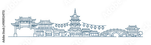 Glowing neon blue chinese town skyline with pagoda lanterns and arched bridge for chinese new year greeting card poster background design