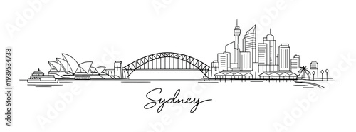 Sydney city skyline concept with opera house and harbour bridge monochrome line art for design, poster, background